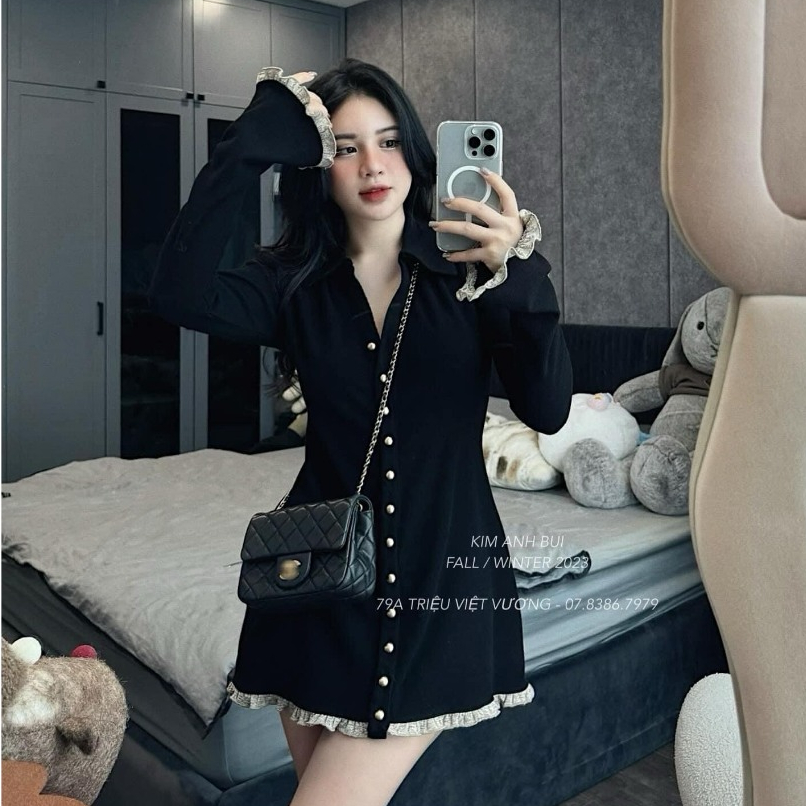Đầm Body Len Zip Cổ V Đính Cúc Nổi Phối Viên Bèo Tiểu Thư Nhẹ Nhàng Siêu Dễ Thương Dành Các Nàng Thơ Hot Trendy