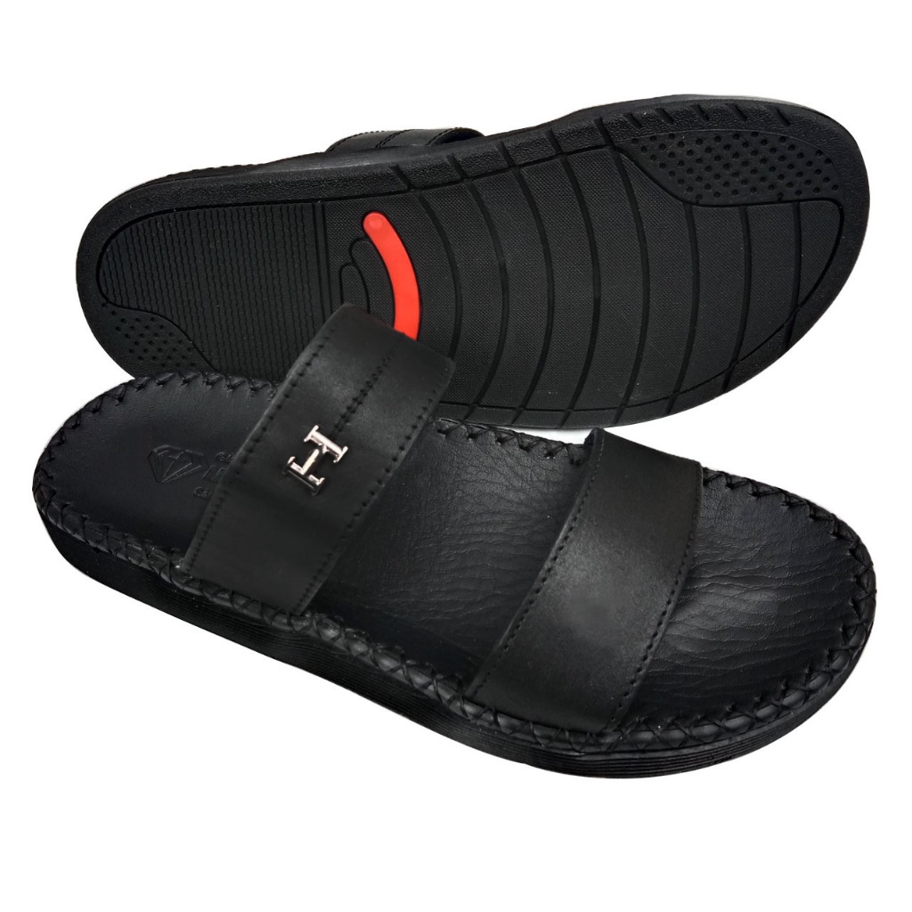 Dép nam thời trang H76 quai ngang da bò cao cấp màu đen thanh lịch đế khâu chắc chắn,giá tốt