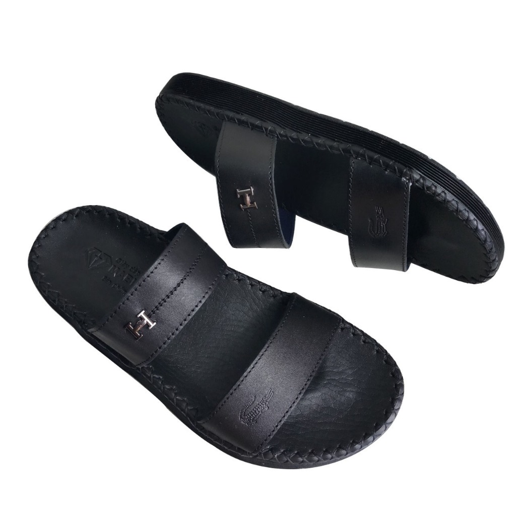 Dép nam thời trang H76 quai ngang da bò cao cấp màu đen thanh lịch đế khâu chắc chắn,giá tốt