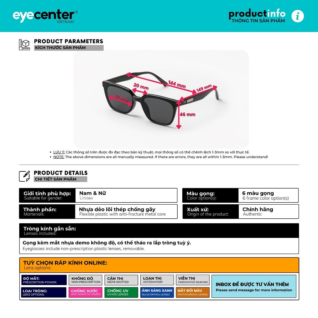 Kính mát nam nữ chính hãng EYECENTER S64S  nhựa dẻo siêu nhẹ nhập khẩu by Eye Center Vietnam