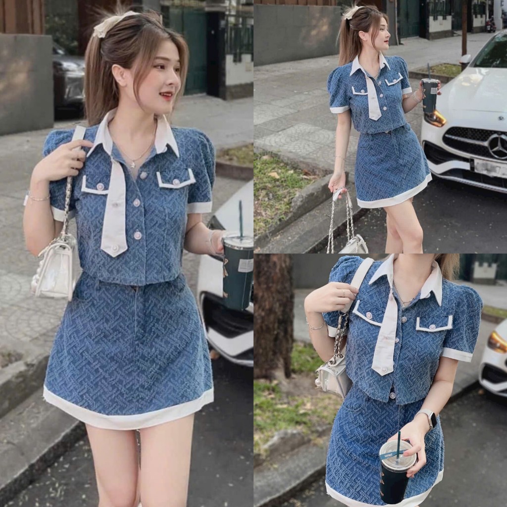 Set Bộ Nữ Áo Sơmi Croptop Phối Viền Cài Nút Mix Chân Váy Mini Xinh Xắn Phong Cách Ulzzang Cá Tính Trẻ Trung Siêu Hot