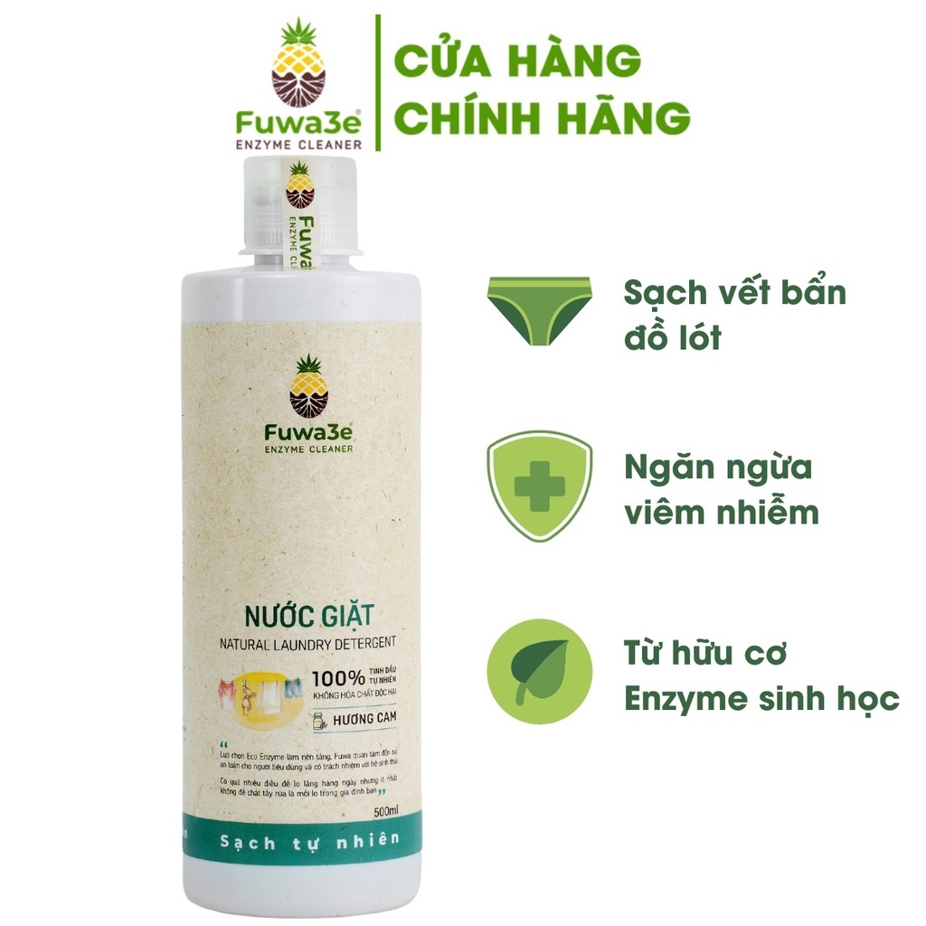 Nước giặt hữu cơ Fuwa3e organic sinh học 500ml, giặt đồ lót, an toàn cho em bé