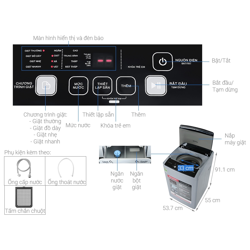 Máy giặt Sharp ES-Y75HV-S | Máy giặt Y75HV Cửa trên lồng đứng 7.5Kg công suất 145W | Bảo hành chính hãng