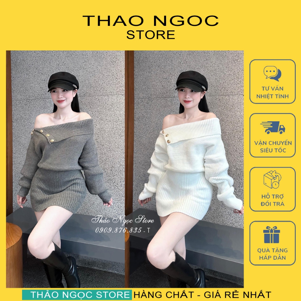 Đầm len trễ vai tay dài phối nút, đầm body bẹt vai tay phồng hàng nhập! (có sẵn, hình thật) THẢO NGỌC STORE