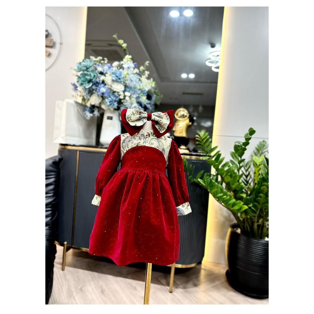 Váy nhung phối họa tiết cao cấp cho bé gái từ 10 đến 20kg