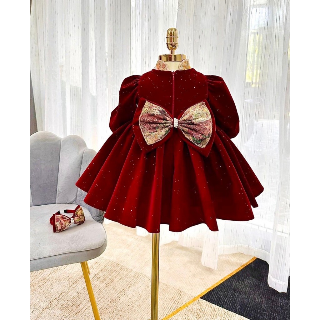 Váy nhung phối họa tiết cao cấp cho bé gái từ 10 đến 20kg