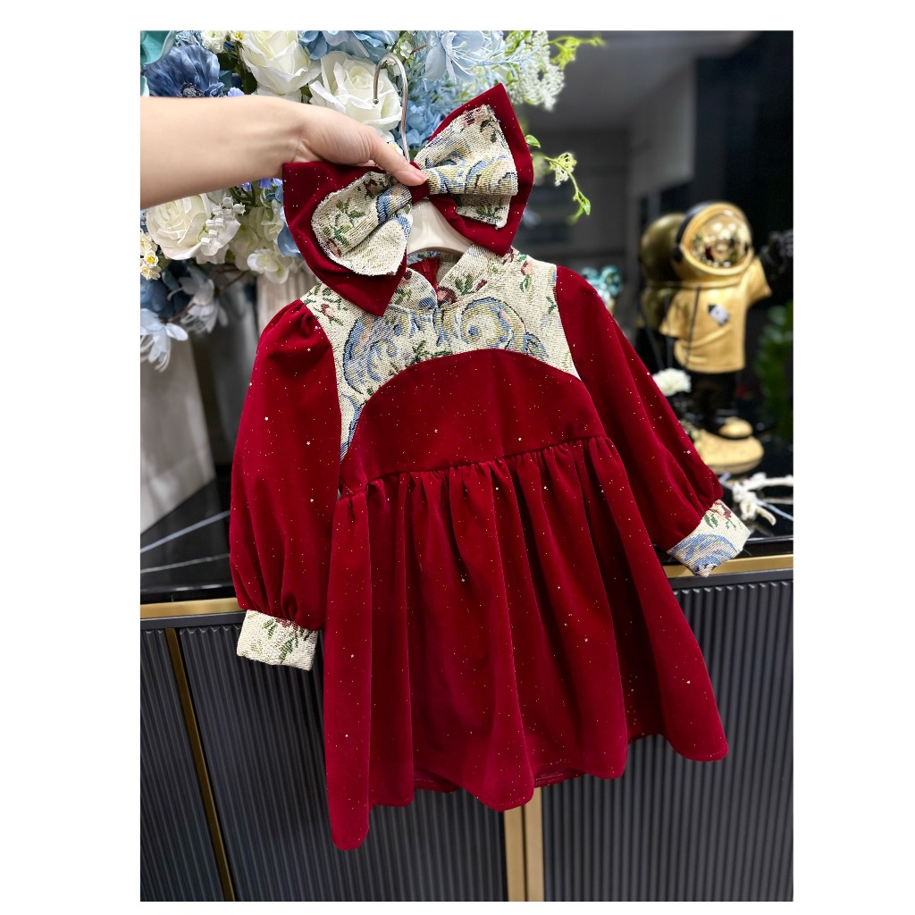 Váy nhung phối họa tiết cao cấp cho bé gái từ 10 đến 20kg