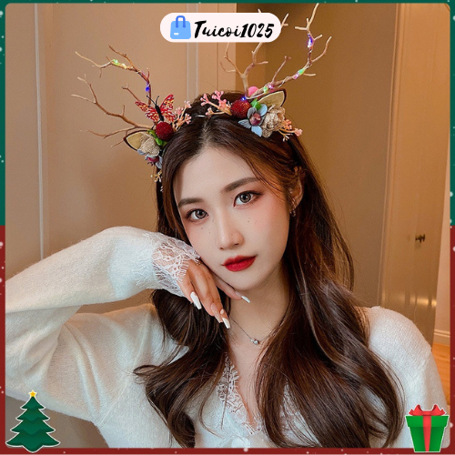 Bờm cài tóc giáng sinh, noel phát sáng, băng đô cài tóc hình sừng hươu có đèn led phát sáng