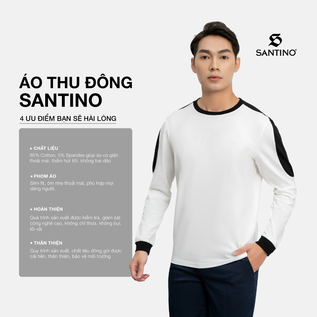 Áo Thun Dài Tay Thu Đông Nam Cotton Cao Cấp, Thiết Kế Trẻ Trung Co Giãn Giữ Ấm Thoải Mái Santino P901