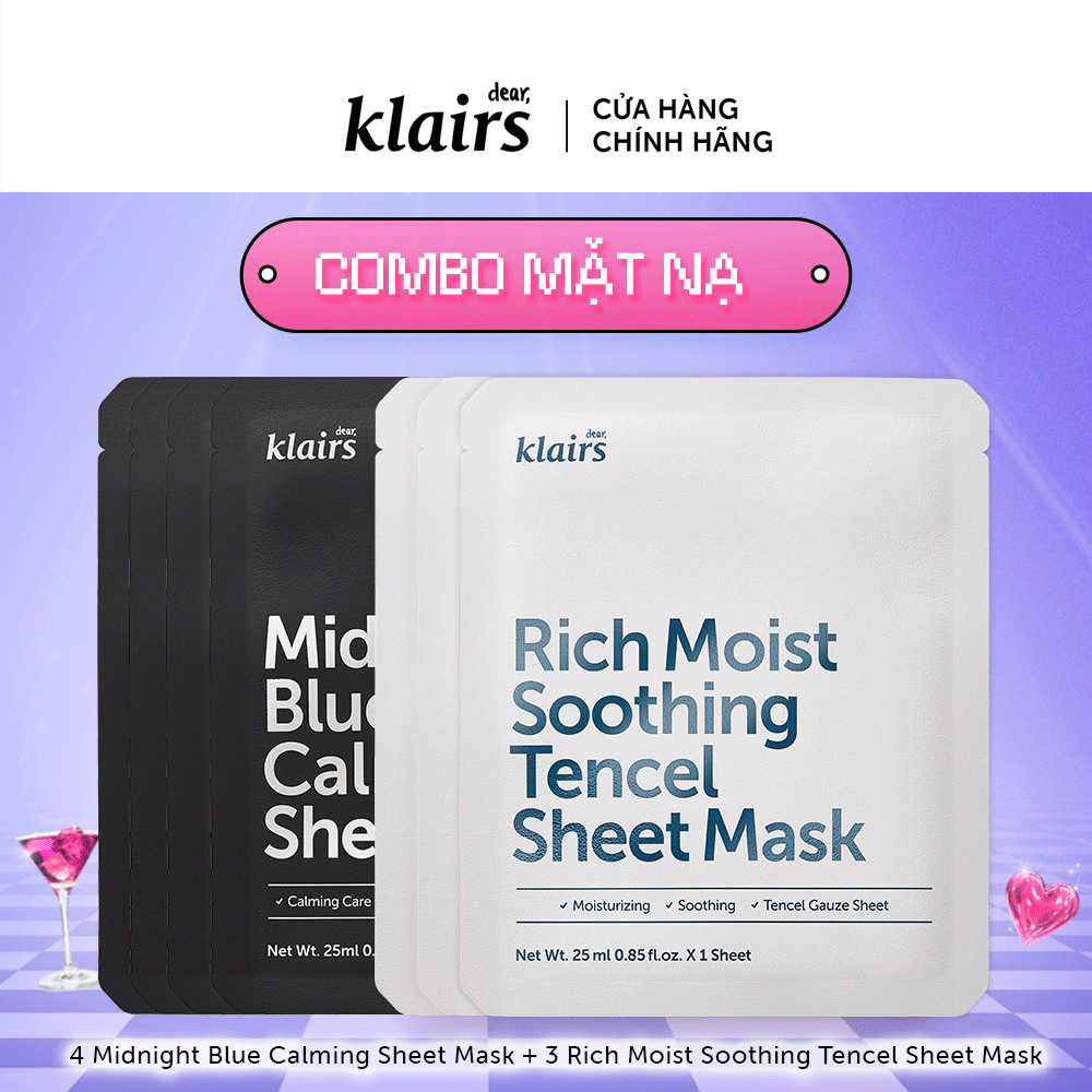 Combo 6 Dear, Klairs Midnight Blue Calming Sheet Mask 25ml+6 Rich Moist Soothing Tencel Sheet Mask 25ml