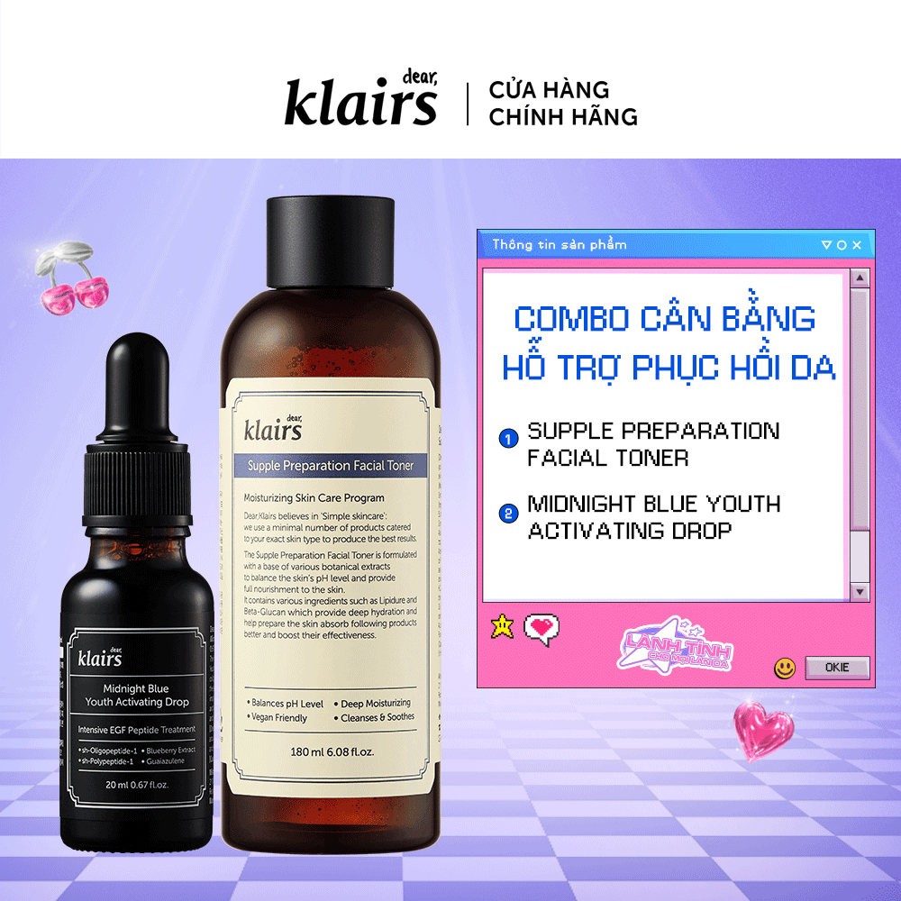 Combo Dear,Klairs Nước hoa hồng Supple Preparation Facial Toner 180ml+Tinh chất Midnight Blue Youth Activating Drop 20ml