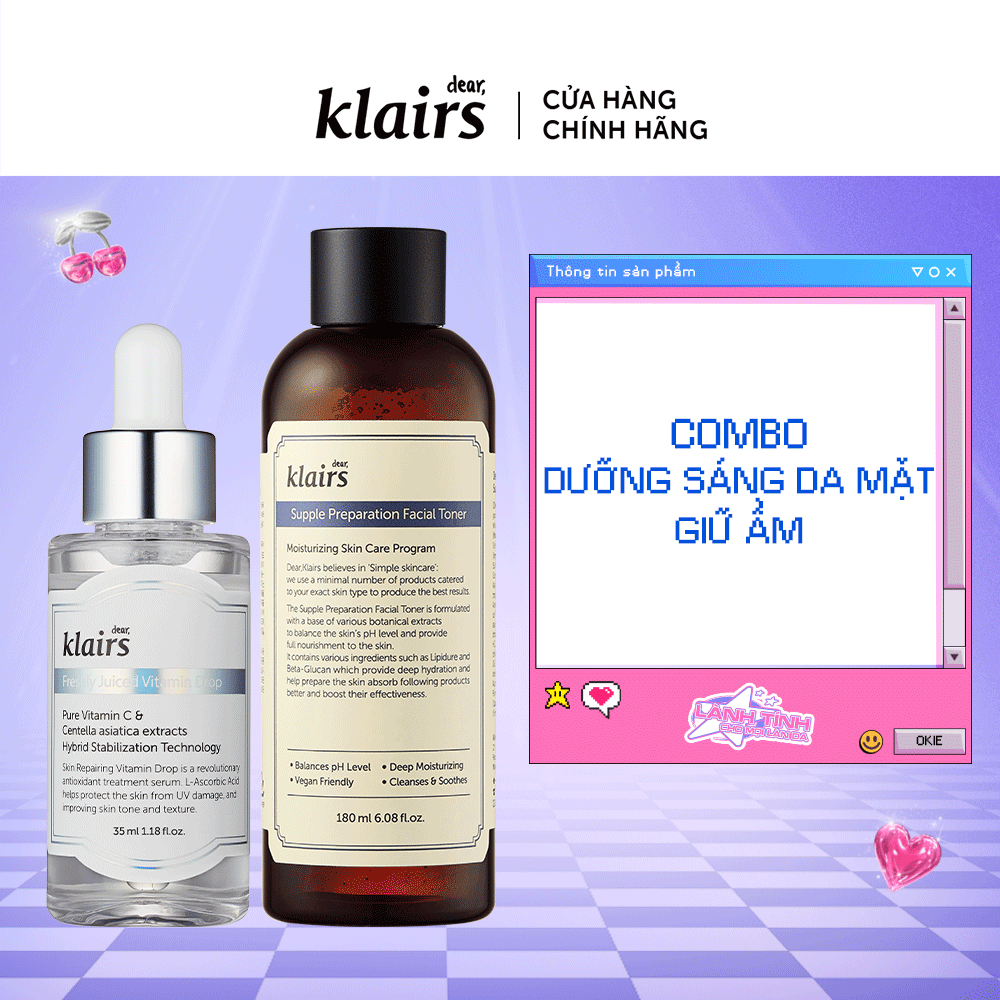 Combo Dear, Klairs Nước hoa hồng Supple Preparation Facial Toner 180ml+Tinh chất Freshly Juiced Vitamin Drop 35ml