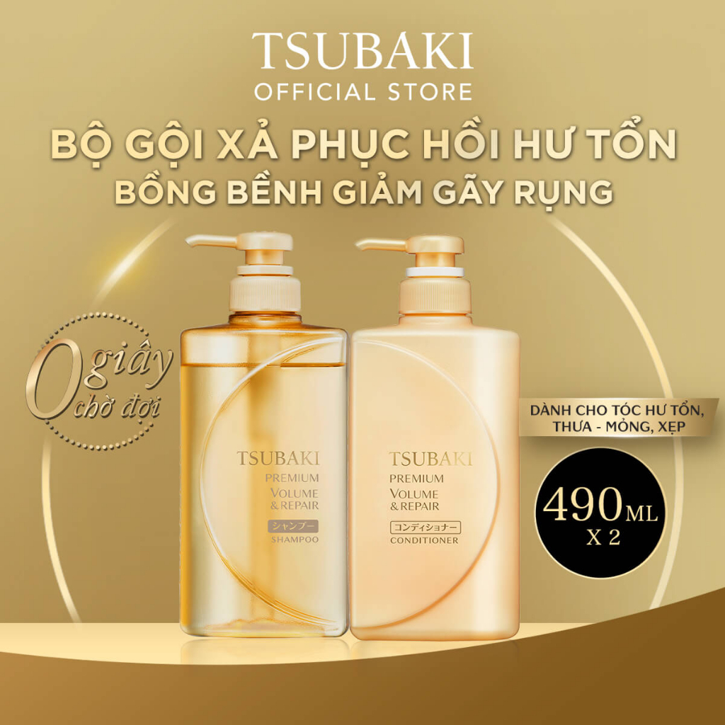 [Neko x Tsubaki] Bộ đôi gội xả Phục hồi hư tổn tóc Premium Repair Tsubaki 490ml/chai