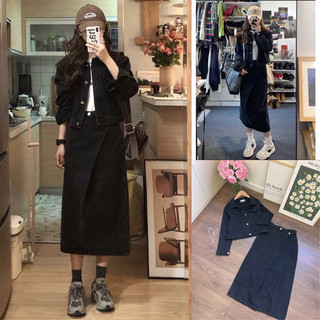 Set áo đen 2s răng cưa + chân váy midi jean