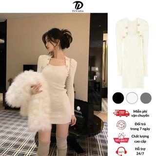  Váy ôm body dáng ngắn Tuvada đầm body tay dài tôn dáng Váy len body đính cúc cao cấp - VGK84 