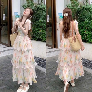 [S056] Đầm váy nữ 3 tầng 2 dây họa tiết chạy mocking sau lưng trẻ trung dễ thương tôn dáng ( có mút ngực ) xinh xắn