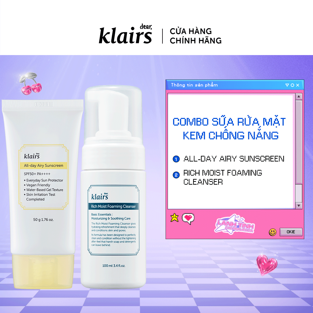 Combo Dear Klairs Rich Moist Foaming Cleanser 100ml+ar,ar,Klairs Kem chống nắng All-day Airy Sunscreen SPF50+ PA++++ 50g