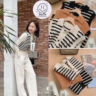 Áo Len Sọc Không Tay Cổ Bẻ Cài Khuy Dáng Rộng, Áo Len Gile Thời Trang Nữ Phong Cách Hàn Quốc | Smide Cothing
