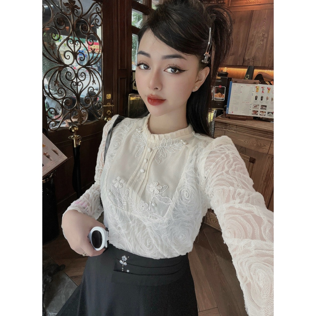 Áo sơ mi thiết kế ren hoa hồng thêu đính Maysi