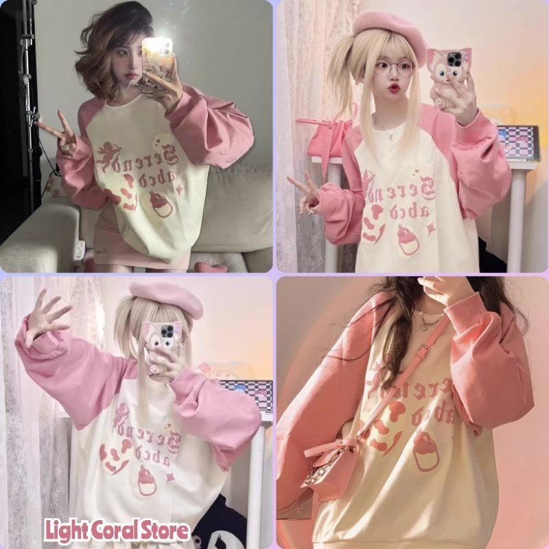 (Có sẵn) Áo sweater nữ raglan phối tay hồng đào đi học đi chơi học sinh hình bình sữa nhỏ đáng yêu