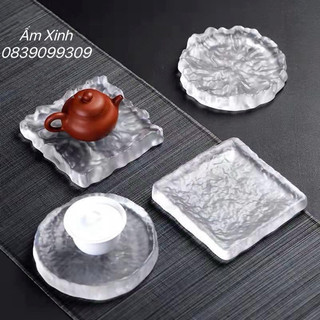 Thuyền trà dưỡng ấm tử sa, đế kê lót ấm chén bằng thủy tinh hình hoa sen ax3563