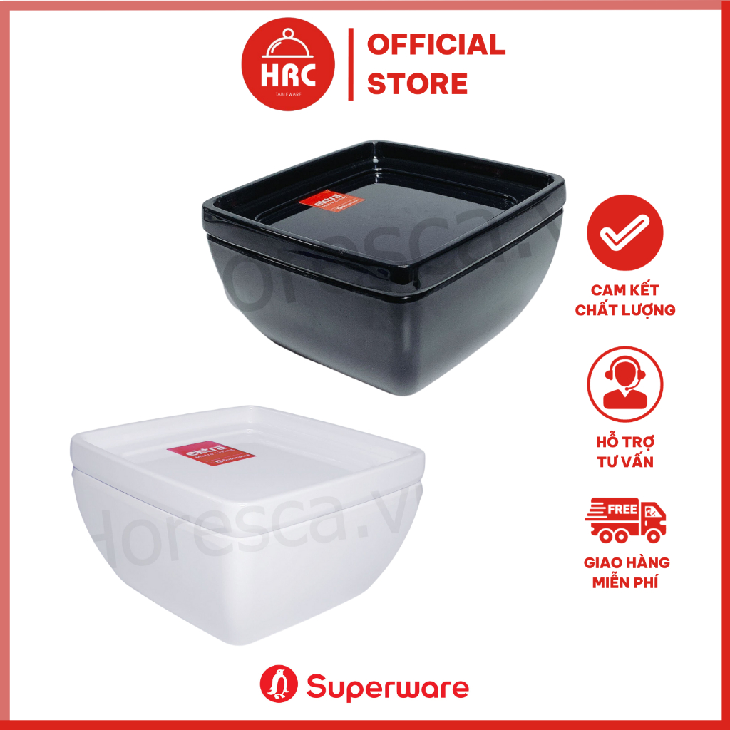 Bát Tô Vuông Có Nắp 100% Melamine Cao Cấp Superware Ektra 2 Màu Đen Trắng Chưa Gồm Nắp