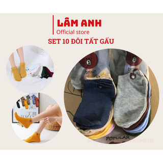 Combo 10 đôi tất nữ cổ ngắn hình gấu kute tặng kèm túi rút,10 đôi tất gấu dễ thương - LA424