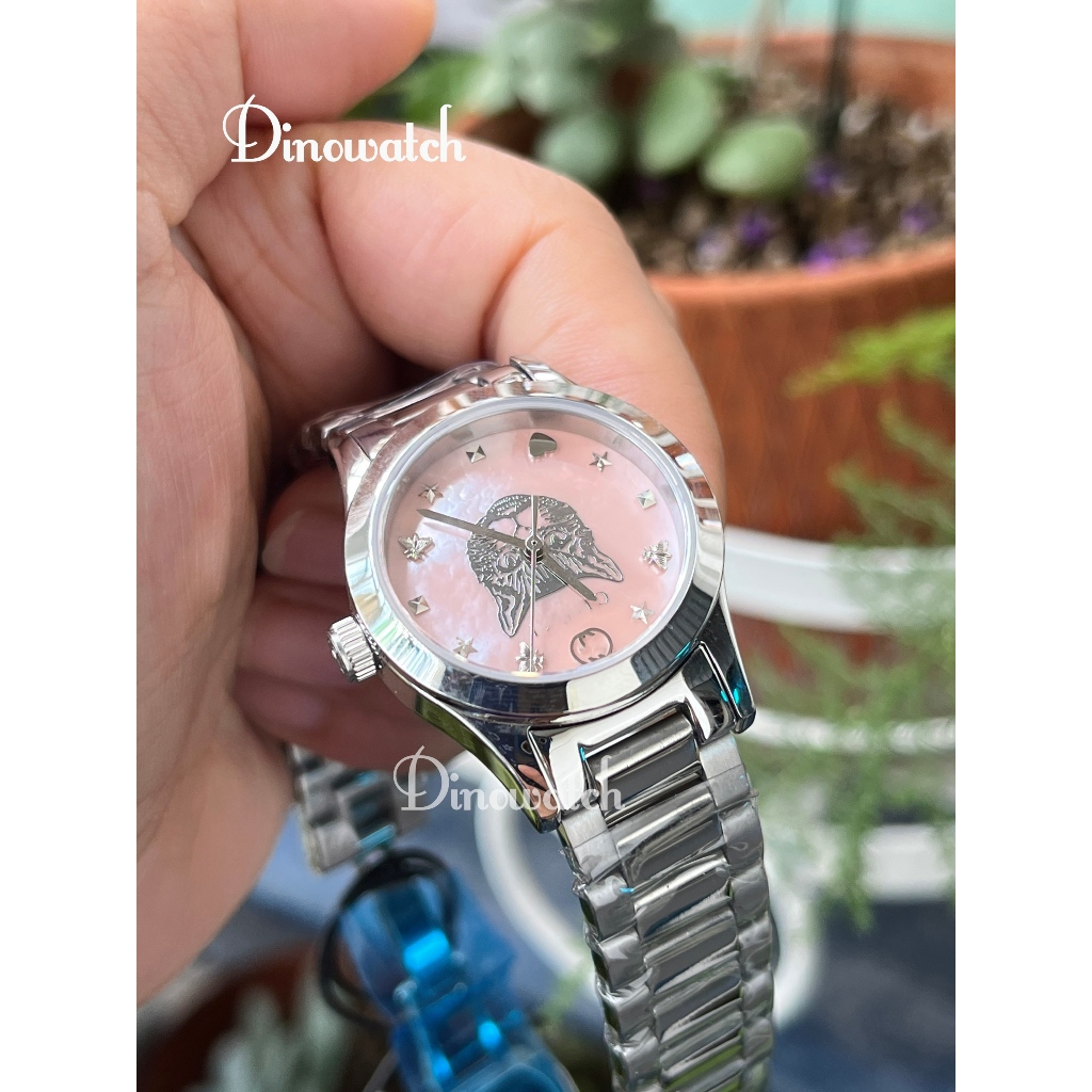 Đồng hồ nữ G-Timeless Cat Dial , Mặt hồng họa tiết mèo, dây thép , size 28mm