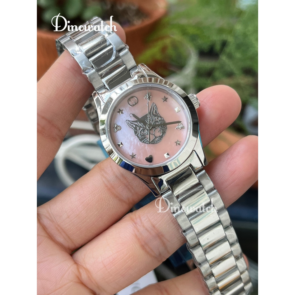 Đồng hồ nữ G-Timeless Cat Dial , Mặt hồng họa tiết mèo, dây thép , size 28mm