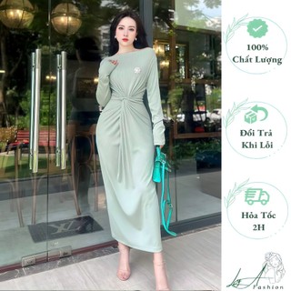 Đầm Dài Tay Cổ Thuyền Xoắn Bụng Kèm Tag Đá Váy Maxi Lệch Vai Ôm Body Chất Liệu Len Tăm Size 40-65Kg