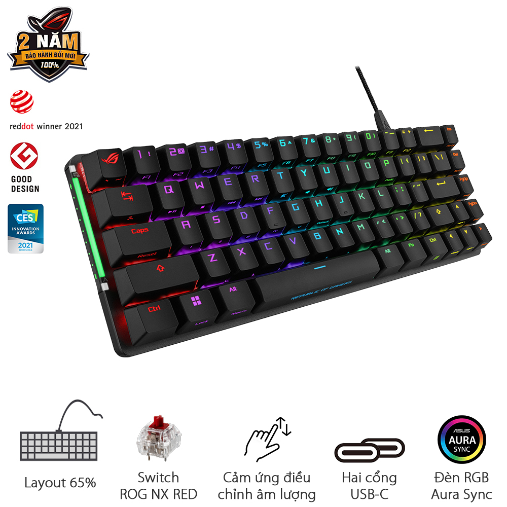 Bàn phím cơ gaming ASUS FALCHION ACE, kích thước 65%, ROG NX Switch độc quyền RED/ BLUE , nhựa ABS