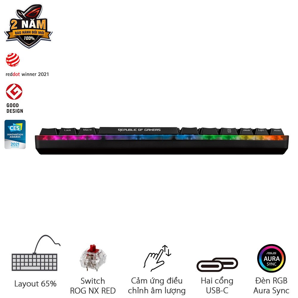 Bàn phím cơ gaming không dây ASUS ROG FALCHION, kích thước 65% với 68 phím, ROG NX switch độc quyền RED/ BLUE