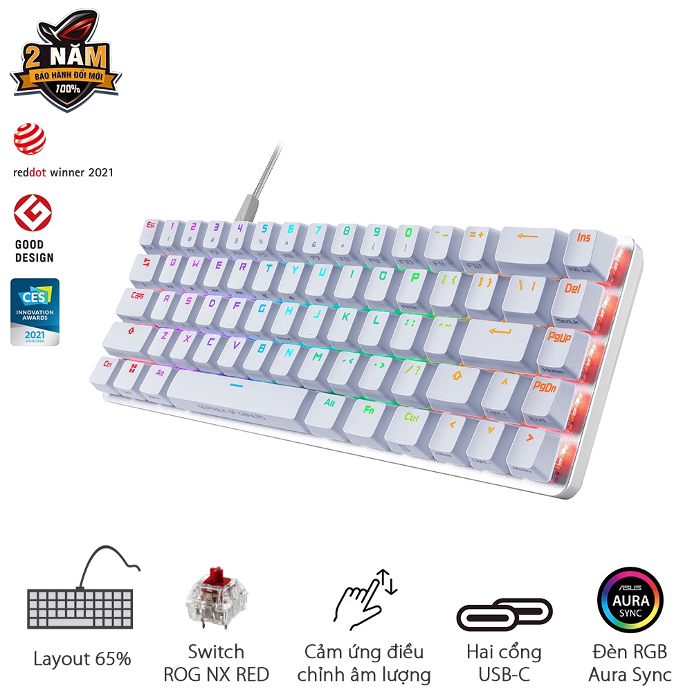 Bàn phím cơ gaming ASUS FALCHION ACE màu trắng, kích thước 65%, ROG NX Switch độc quyền RED/ BLUE (pre-lubed), nhựa ABS