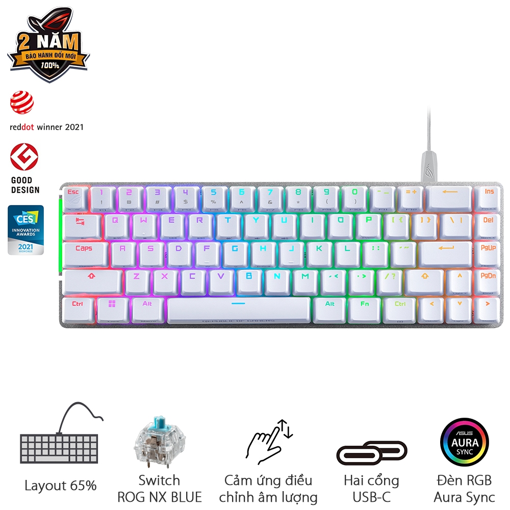 Bàn phím cơ gaming ASUS FALCHION ACE màu trắng, kích thước 65%, ROG NX Switch độc quyền RED/ BLUE (pre-lubed), nhựa ABS