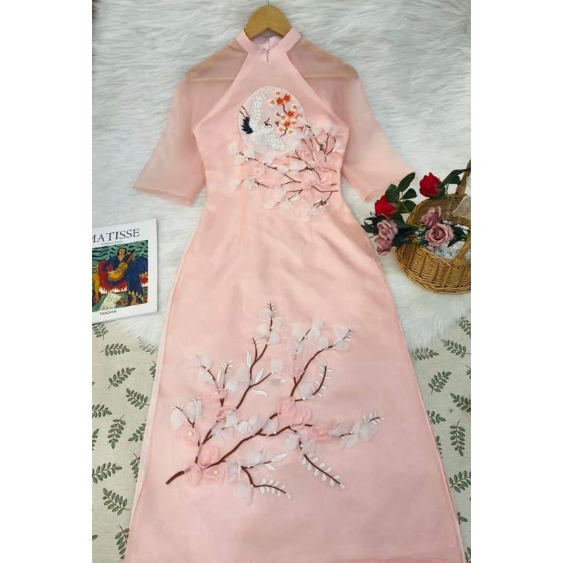 Áo dài cách tân Uyển Đào vải tơ Organza đính kết cao cấp giá xưởng