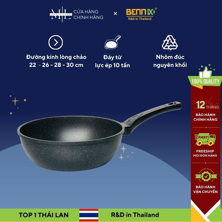 Chảo Đá Cao Thành Bennix Terra, Nhôm Nguyên Khối Cao Cấp, Chống Dính 5 lớp, Tay Cầm Nhựa Không Cháy, Size 26,28,30cm