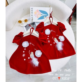 Váy bé gái, váy đầm yếm nhung đỏ đính hoa cực sang chảnh cho bé gái từ 8 - 24kg