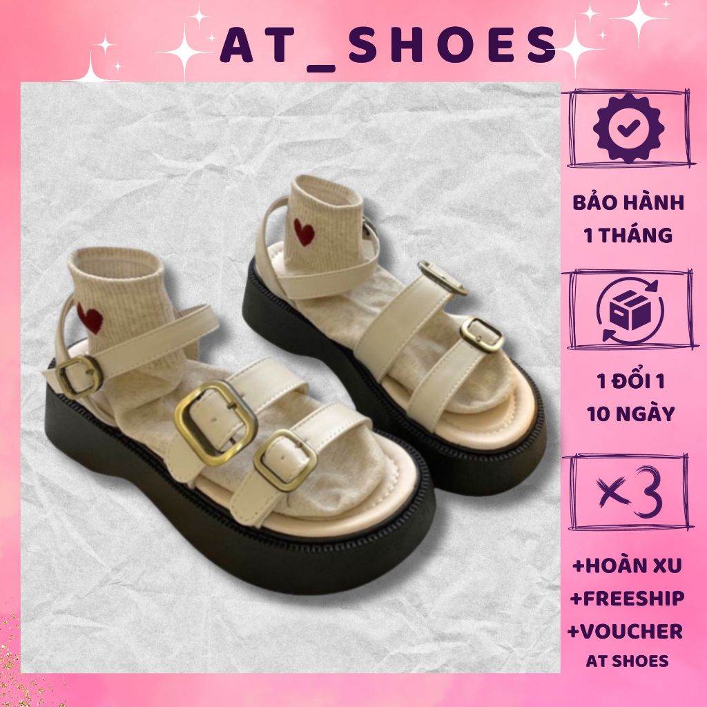 |SẴN - SHIP HOẢ TỐC| Sandal nữ hai quai mảnh phối khuy đế cao 5cm phong cách ulzzang sang trọng - AT Shoes
