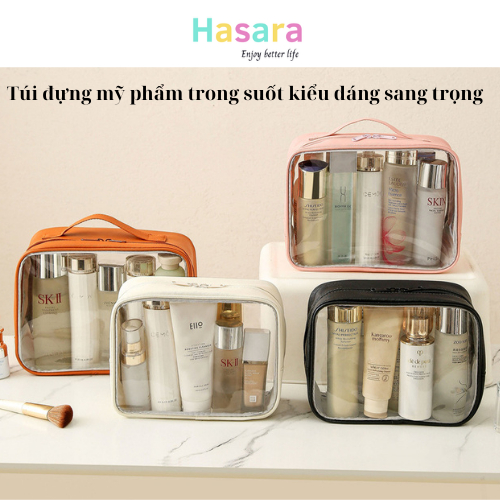 Túi đựng mĩ phẩm, dụng cụ trang điểm, đồ skincare , túi mỹ phẩm du lịch trong suốt cạnh da PU sang trọng TMP220