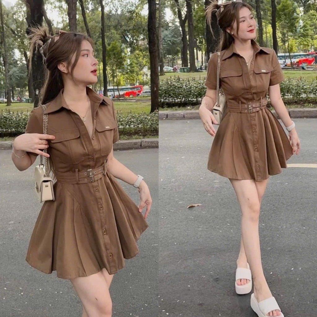 Đầm váy nữ kaki xòe cổ sơ mi kèm đai dây đôi với tone màu nâu tôn da, tôn dáng cho các nàng đi dự tiệc, đi chơi
