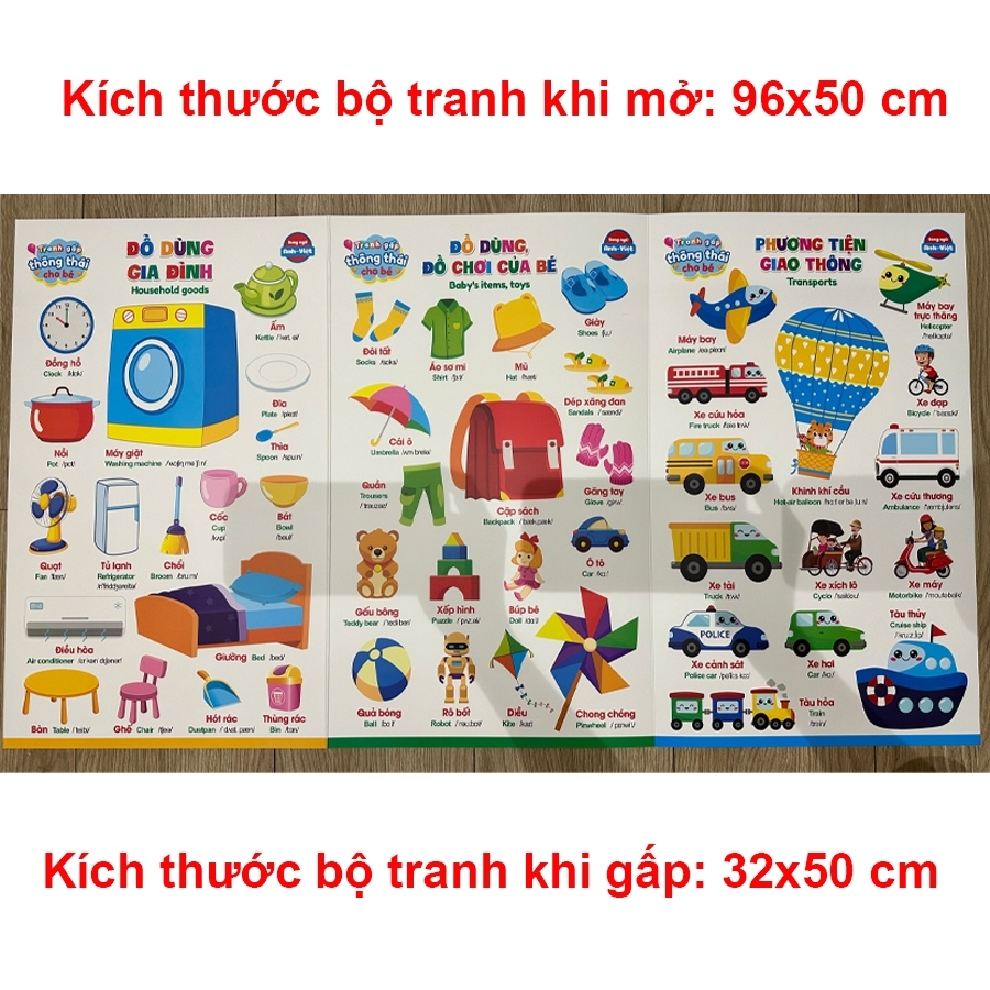Bộ tranh gấp thông thái cho bé cỡ lớn - 3 tấm, 6 mặt, 17 chủ đề song ngữ Anh Việt (96 x 50cm)