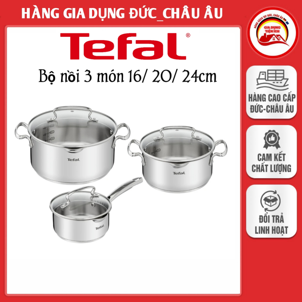 Bộ 3 nồi inox Tefal Duetto Plus G719S674 quách 16cm, nồi 20/ 24cm, miệng rót, nắp kính