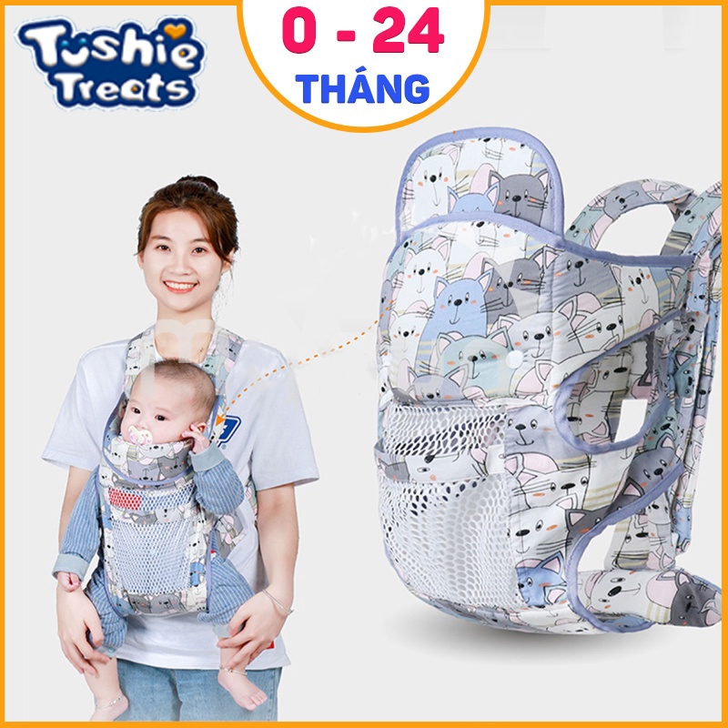 Tushie Treats Đai địu vải cho em bé sơ sinh, trẻ em 36 tháng tuổi | Địu 4 Tư thế có đỡ cổ, An toàn ngồi xe máy