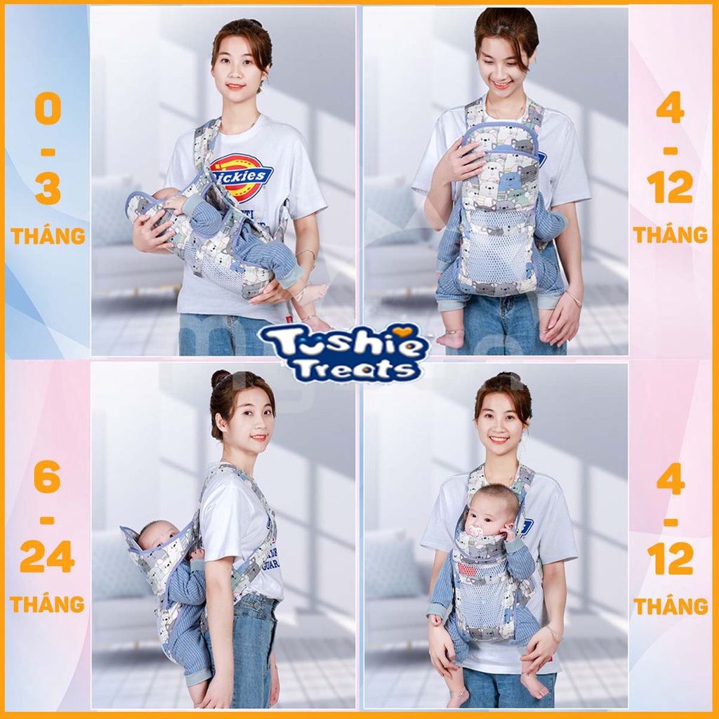 Tushie Treats Đai địu vải cho em bé sơ sinh, trẻ em 36 tháng tuổi | Địu 4 Tư thế có đỡ cổ, An toàn ngồi xe máy