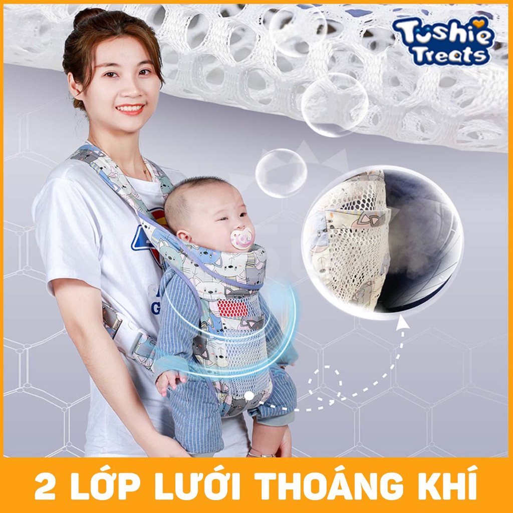 Tushie Treats Đai địu vải cho em bé sơ sinh, trẻ em 36 tháng tuổi | Địu 4 Tư thế có đỡ cổ, An toàn ngồi xe máy