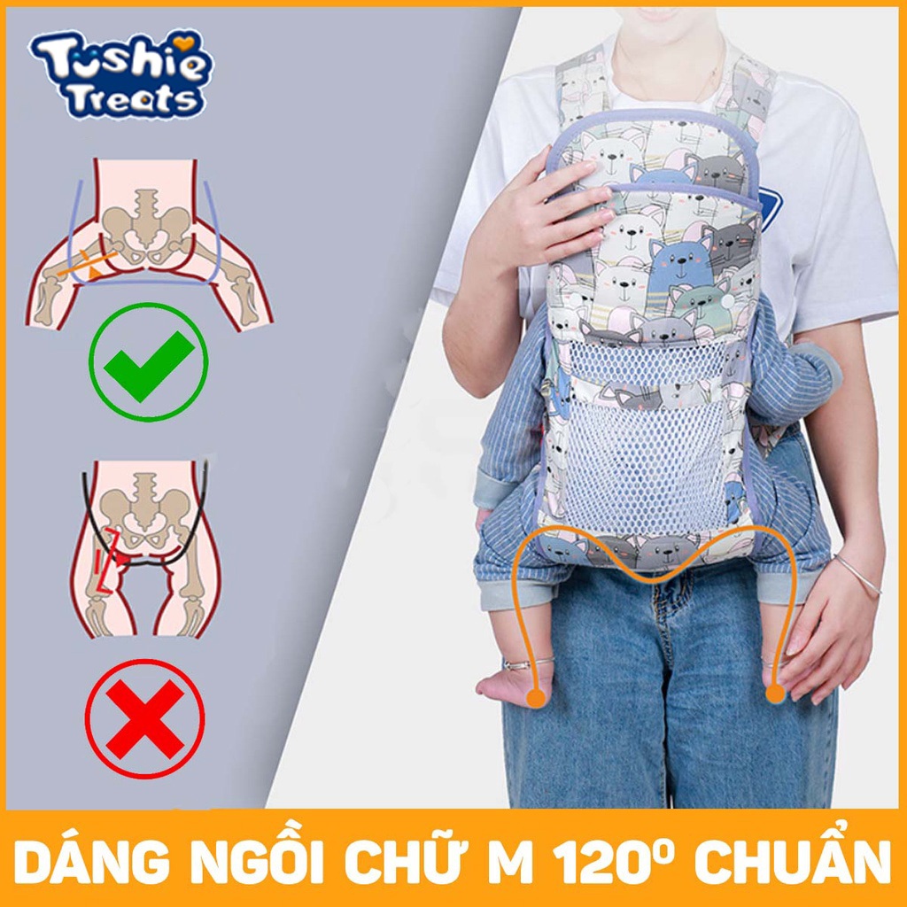 Tushie Treats Đai địu vải cho em bé sơ sinh, trẻ em 36 tháng tuổi | Địu 4 Tư thế có đỡ cổ, An toàn ngồi xe máy