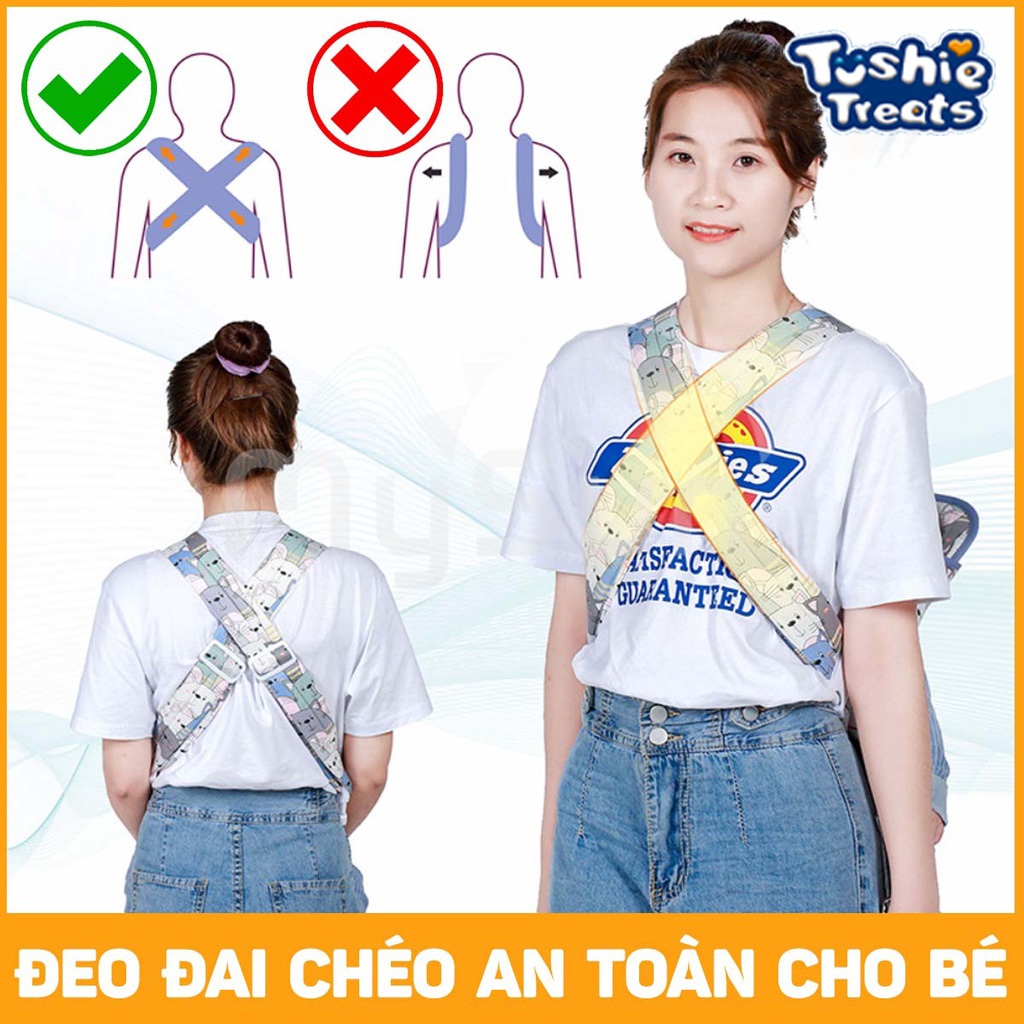 Tushie Treats Đai địu vải cho em bé sơ sinh, trẻ em 36 tháng tuổi | Địu 4 Tư thế có đỡ cổ, An toàn ngồi xe máy