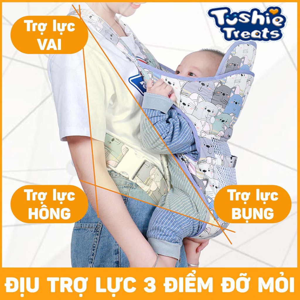 Tushie Treats Đai địu vải cho em bé sơ sinh, trẻ em 36 tháng tuổi | Địu 4 Tư thế có đỡ cổ, An toàn ngồi xe máy