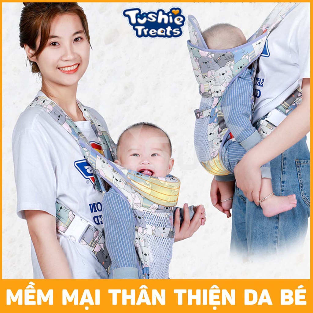 Tushie Treats Đai địu vải cho em bé sơ sinh, trẻ em 36 tháng tuổi | Địu 4 Tư thế có đỡ cổ, An toàn ngồi xe máy