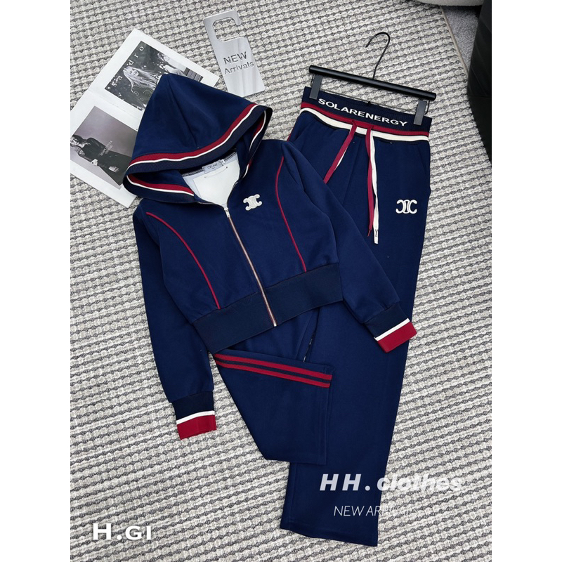 Sét umi mềm thể thao áo mũ khóa bo tay + quần suông cạp chun chữ viền